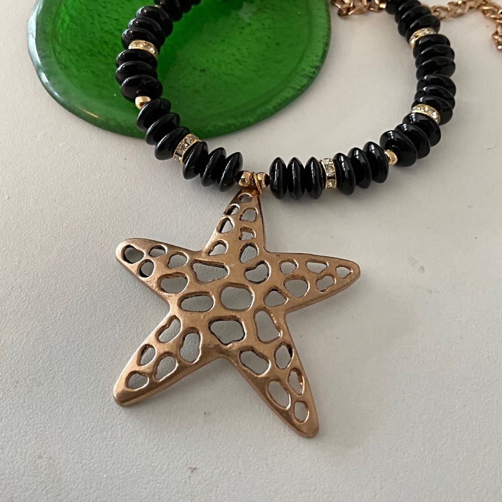 Black Necklace Gold Rhinestones Necklace. Soft Gold Star Pendant.